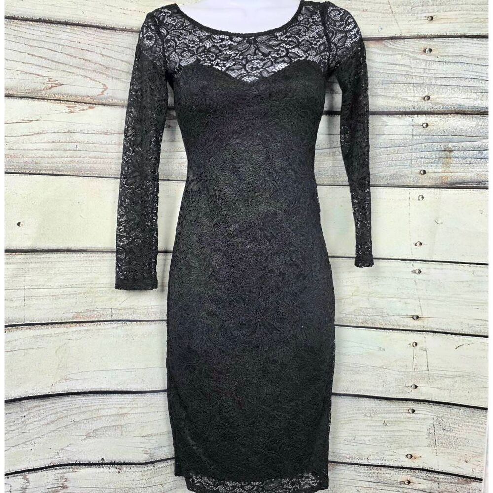GB Black Lace Bodycon Midi Dress Gold Zip Back XS